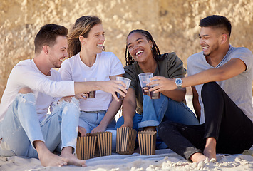 Image showing Beach picnic, friends and toast in nature on vacation, holiday or summer trip. Group cheers, smile and happy females bonding with alcohol, liquor or drink outdoor for party, event or celebration