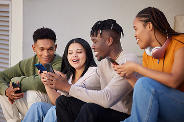 Image showing Smartphone, students and diversity with social media scroll, networking on mobile app and communication for university website. Group of people or friends relax outdoor using phone or cellphone chat