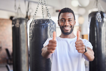 Image showing Black man, thumbs up and fitness, wellness and exercise health lifestyle with positive mindset in gym. Motivation, success and portrait for happy training workout, sports athlete and healthy goal