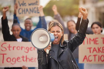 Image showing Protest, megaphone and shouting with woman in support for social justice, change and politics fight. Revolution, government and freedom with girl in crowd for future, human rights and equality