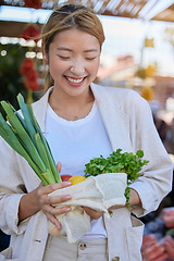 Image showing Vegetables, market and happy customer or woman with nutrition, healthy food and grocery shopping sale, discount and promotion. Asian person with vegan, eco friendly and sustainable groceries at store