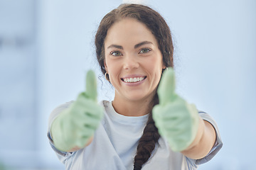 Image showing Thumbs up, woman and happy for success of cleaning service, motivation and like emoji in Russia. Portrait, smile and cleaner with thumb up hands for good housekeeping, satisfaction review and trust