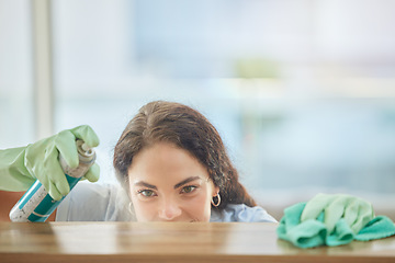 Image showing Spray, table or woman cleaning furniture surfaces with product for messy or dirty bacteria in house living room. Cleaning service, job or cleaner with liquid detergent bottle wipes wet or dusty wood