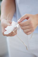 Image showing Woman, hands or cleaning fabric for glasses in optometry clinic, ophthalmology help or fashion retail store. Zoom, optician or cloth wipe on vision lenses, medical prescription or hygiene maintenance