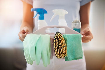 Image showing Woman, hands or cleaning container with spray bottle, rubber gloves or fabric for hygiene maintenance, virus security or compliance. Zoom, maid or cleaner service worker with product for housekeeping