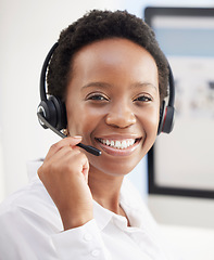 Image showing Black woman, call center and portrait smile with headset for telemarketing, customer service or support at the office. Happy African American female face consultant, agent or employee representative