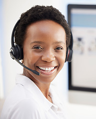 Image showing Portrait, happy or call center black woman for telemarketing success, customer support or contact us. Sales advisor, CRM smile or consultant employee girl for motivation, happiness or consulting deal