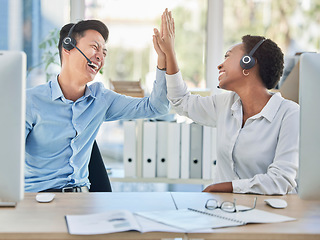 Image showing Call center, high five and teamwork success, celebration and telemarketing deal, sales target and winner collaboration. Customer support workers celebrate goals, motivation and business trading bonus