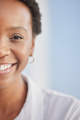 Image showing Half, face and happy black woman with mockup, smile and happiness on blue background in Nigeria. Split portrait of young african girl with happiness, beauty and motivation for vision on mock up space