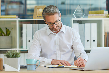 Image showing Businessman, writing in notebook and working in accounting firm for business tax, compliance and financial planning. Finance reports, sales analyst and accountant with strategy for investment audit