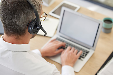 Image showing Call center, laptop screen and businessman with consulting strategy, information technology support and website e commerce management. Telemarketing, telecom and business man typing on technology app