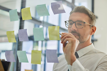 Image showing Planning, sticky note and business man with creative vision, writing ideas and workflow management for startup career. Schedule, agenda and strategy of businessman with glass board for scrum solution