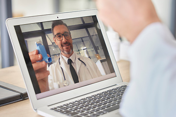 Image showing Asthma, laptop and doctor consulting in video call for telehealth service, advisory and virtual help or support. Screen, cardiology zoom call and healthcare man with breathe product or medicine talk