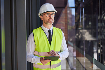 Image showing Construction, digital tablet and man with vision, thinking and planning at construction site. Construction worker, future and online app for creative, design and idea for engineering or architecture