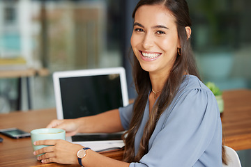 Image showing Coffee shop, laptop and face of woman with remote work, online management career and virtual networking job with smile. Happy woman working in a restaurant or cafe with coffee break and portrait