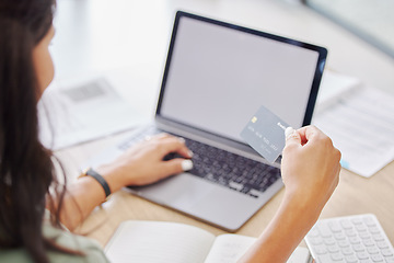 Image showing Ecommerce, credit card and online shopping mockup of woman buying product from internet store, website and using laptop to place order. E commerce, digital retail and debit card fintech to pay on web