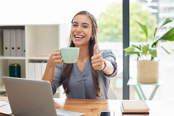 Image showing Portrait, thumbs up or business woman with coffee, office or achievement for startup company or marketing strategy. Young female, ceo or entrepreneur with tea, hand gesture for application or success