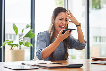 Image showing Business woman, stress and phone call in office by angry employee shouting, frustrated or annoyed by phishing. Manager, anxiety and headache while talking on phone, pressure and burnout from deadline