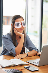 Image showing Business, tired and woman with paper on eyes at her desk feeling overworked and burnout. Businesswoman, exhausted and fatigue with corporate job fail or stress and ready to sleep or nap at her desk