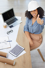 Image showing Thumbs up, portrait and success architecture woman on laptop, project planning and engineering strategy goals. Trust, like or yes hand sign and face of a construction worker working on design at desk