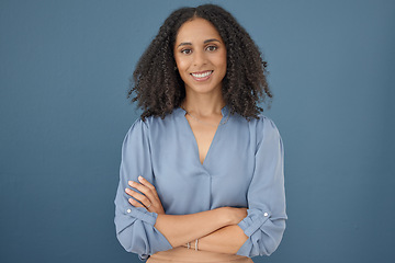 Image showing Business fashion, confidence and portrait black woman with pride in career, job success or creative vision. Mock up worker, employee or clothes designer with crossed arms on mockup blue background