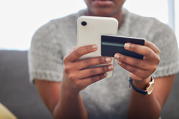 Image showing Online shopping, phone and hands of black woman with credit card for 5g digital banking payment, fintech or financial sales. E commerce website, finance and customer with gift card for retail product