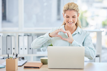 Image showing Woman, laptop and heart shape hands in office or happy video call for digital marketing or networking collaboration online. Video conference, manager hands and happy for love or corporate support