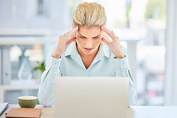 Image showing Business woman, laptop and headache stress in marketing office fail, 404 software glitch or advertising mistake. Worker, creative designer and employee anxiety, mental health or burnout on technology