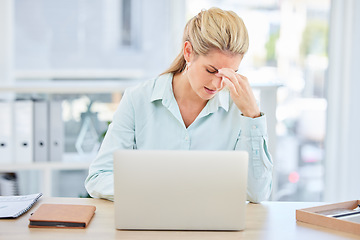 Image showing Mental health, laptop and woman with burnout headache from feedback review of financial portfolio, investment research or trading report. Problem, economy and trader stress over stock market crash