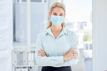Image showing Business woman, arms crossed and covid in modern office compliance, bacteria safety or virus security. Portrait, employee and worker in medical face mask, Canada company or financial planning startup