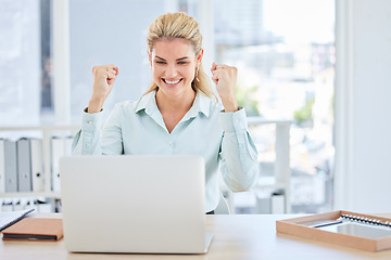 Image showing Office, success and woman winner at laptop for attorney career promotion, bonus or achievement in New York, USA. Celebration, winning and happy corporate lawyer with excited fist for email news.