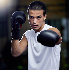 Image showing Gym, fitness and portrait of man boxing with focus and motivation for health, training and self defense. Workout goals, exercise and wellness, strong boxer at city studio or club with boxing gloves.