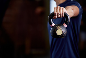 Image showing Gym, fitness or hand with kettlebell for training strong arms, powerful bicep muscles or body exercises for balance. Sports, mockup or strong man with hand holding kettle bell weight for a workout