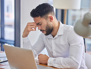 Image showing Headache, business man and work stress of a employee working on a computer glitch and audit. Anxiety, fatigue and burnout of a accounting businessman with 404 problem on office laptop on tax website
