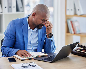 Image showing Headache, stress and businessman on laptop in his office with accounting management, finance planning and company kpi review. Burnout, sad and depression of a corporate black man with pain or problem