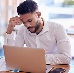 Image showing Thinking, depression and businessman on laptop in office with stress, anxiety or mental health problem for budget, finance and career fail. Sad, headache or burnout business man working on technology