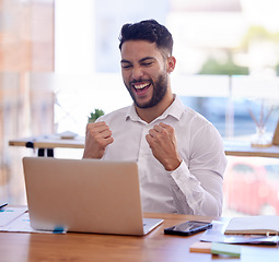 Image showing Businessman, laptop and winner in celebration for good news, deal or work promotion at the office. Excited employee man celebrating happy win, discount or amazing bonus on computer at the workplace