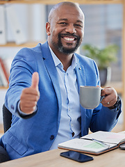Image showing Business, thumbs up and black man with coffee, office and success for marketing strategy. Male entrepreneur, ceo or leader with tea, hand gesture for startup company or planning for project and smile