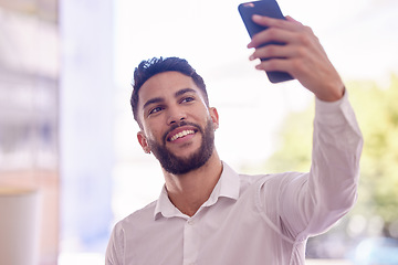 Image showing Businessman, phone and smile for selfie, profile and social media post or communication in the outdoors. Happy employee man holding mobile smartphone smiling for photo, capture or new job outside