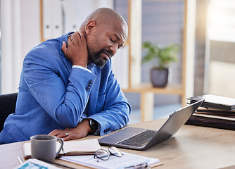 Image showing Black man , stress and tired burnout with neck pain in the office due to bad posture and uncomfortable chair. Fatigue, problem or frustrated worker annoyed with body injury or muscle backache at work