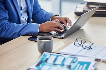 Image showing Business man, hands and typing on laptop keyboard while working in accounting office for finance data analytics and schedule on internet. Zoom of entrepreneur at desk with coffee for doing tax audit