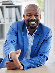 Image showing Welcome, black ceo man and happy portrait in office for introduction, business meeting and partnership collaboration. Onboarding interview, shaking hands and african businessman smile for thank you