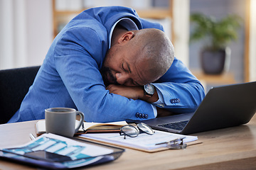 Image showing Tired, professional burnout and black man sleep at desk, mental health and depression with sick businessman, corporate and exhausted. Sleeping, work and insomnia, business, fatigue and rest in office