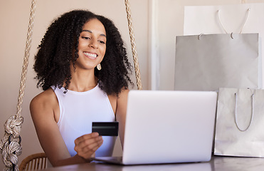 Image showing Credit card, laptop and online shopping, payment and bills in home, happy smile and sale promotion, discount and buy. Ecommerce, black woman and internet subscription upgrade, buying and banking