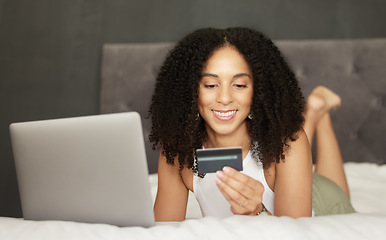 Image showing Credit card, online shopping or black woman on bed with laptop for bill payment, ecommerce or investment. Happy, crypto or girl relax in bedroom for trading, bitcoin invest or digital banking app