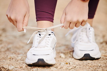 Image showing Runner shoes, fitness and hands, running outdoor and exercise, cardio and wellness with sports and body training. Sneakers zoom, run and workout, athlete start and healthy active lifestyle motivation