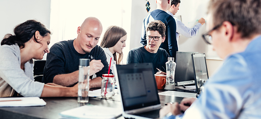 Image showing Startup business and entrepreneurship problem solving. Young AI programmers and IT software developers team brainstorming and programming on desktop computer in startup company share office space.