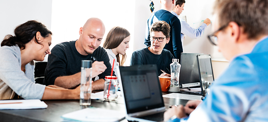 Image showing Startup business and entrepreneurship problem solving. Young AI programmers and IT software developers team brainstorming and programming on desktop computer in startup company share office space.