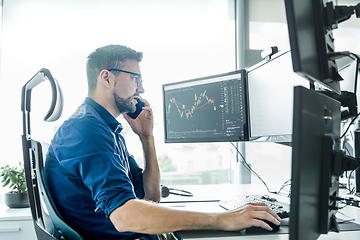 Image showing Stock broker trading online watching charts and data analyses on multiple computer screens.