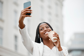 Image showing Black woman, lawyer with coffee and selfie on coffee break in New York outside law firm building, smile with smartphone. Communication, city and social media, photograph and phone photography outdoor
